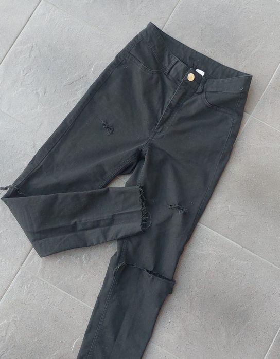 Spodnie jeansowe wysoki stan dziury dopasowane S 36 H&M