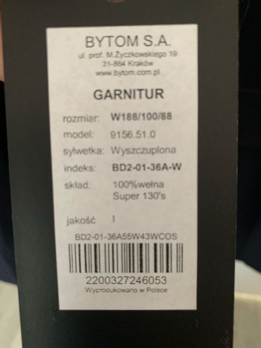 Garnitur Bytom  męski, W188/100/88 , 100 % wełna