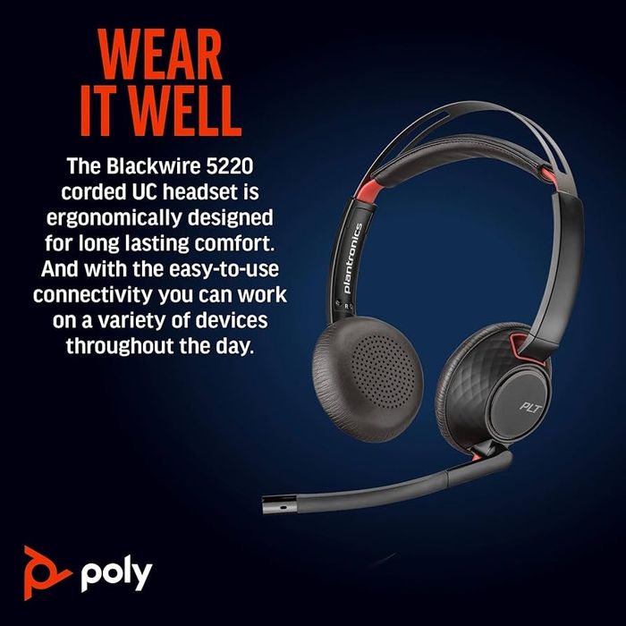 Стереогарнітура Poly Blackwire 5220 USB-C + роз'єм 3,5 мм