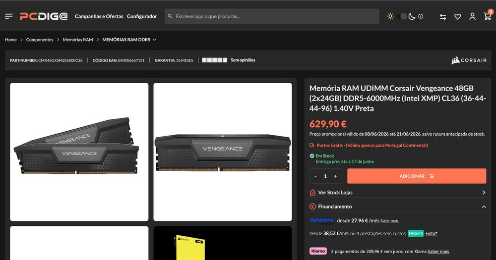 48GB Memória RAM DDR5 CORSAIR 6000 CL36 Nova  2x24Gb