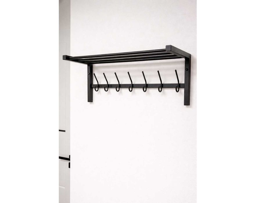 NOWY Wieszak na Ubrania z Półką Wiszący Ścienny 60 cm Czarny Metalowy