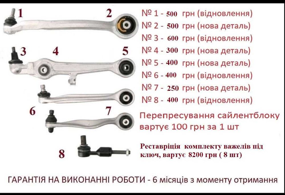 Комплект ричагів передній  Audi A6 C5/Superb I/Passat B5 ГАРАНТІЯ