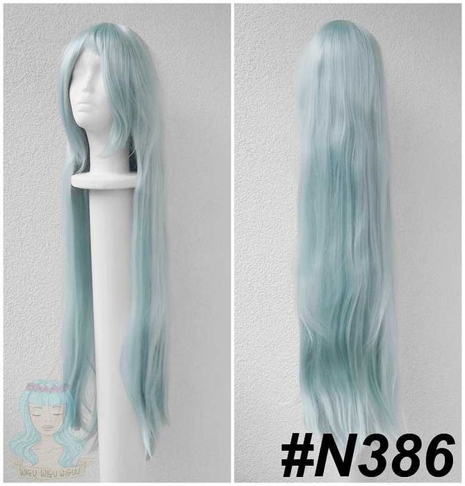 Długa błękitna jasna niebieska prosta peruka z grzywką cosplay wig niebieski błękitny długi na konwent halloween zabawę karnawał imprezę