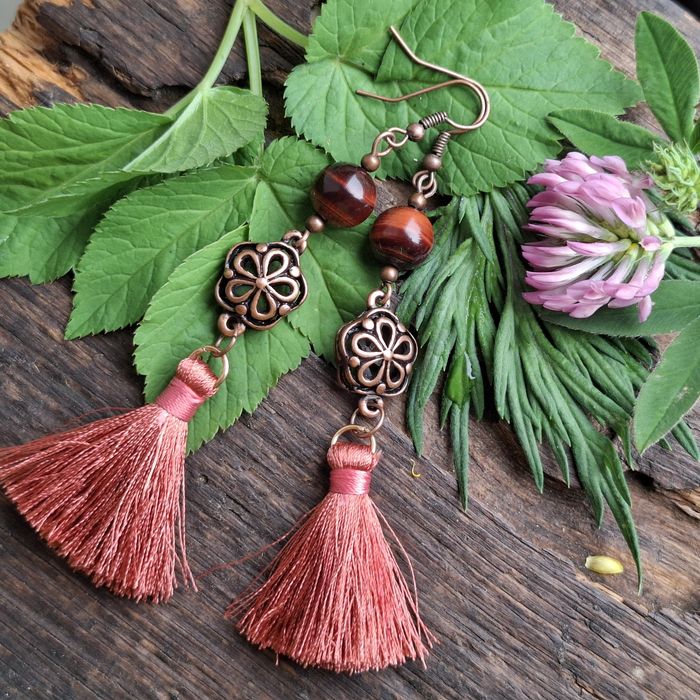 Kolczyki miedź, bawole oko, chwosty boho