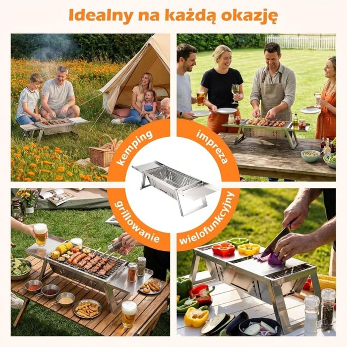 Składany grill węglowy przenośny kemping piknik plaża + torba rękawiczki