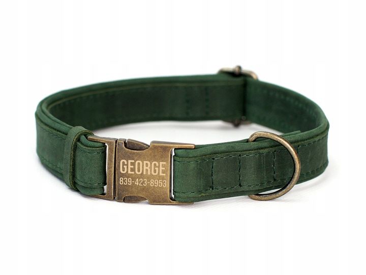 Grawerowana Obroża Dla Psa Skórzana Z Metalową Klamrą, Zielony Kolor