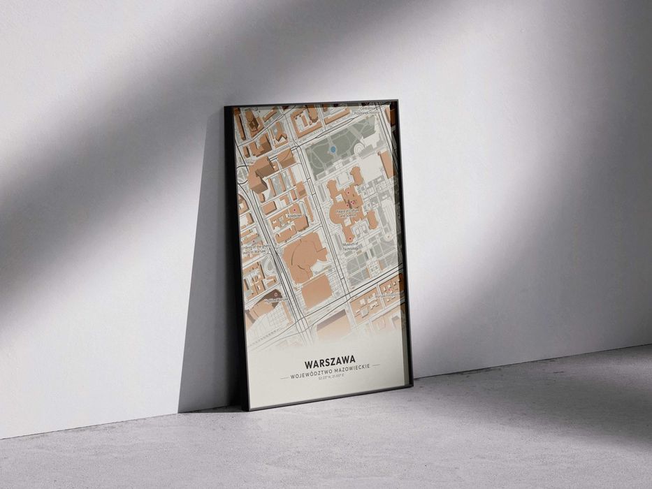 Plakat A3 w ramie mapa Warszawy - nowoczesny poster miasta