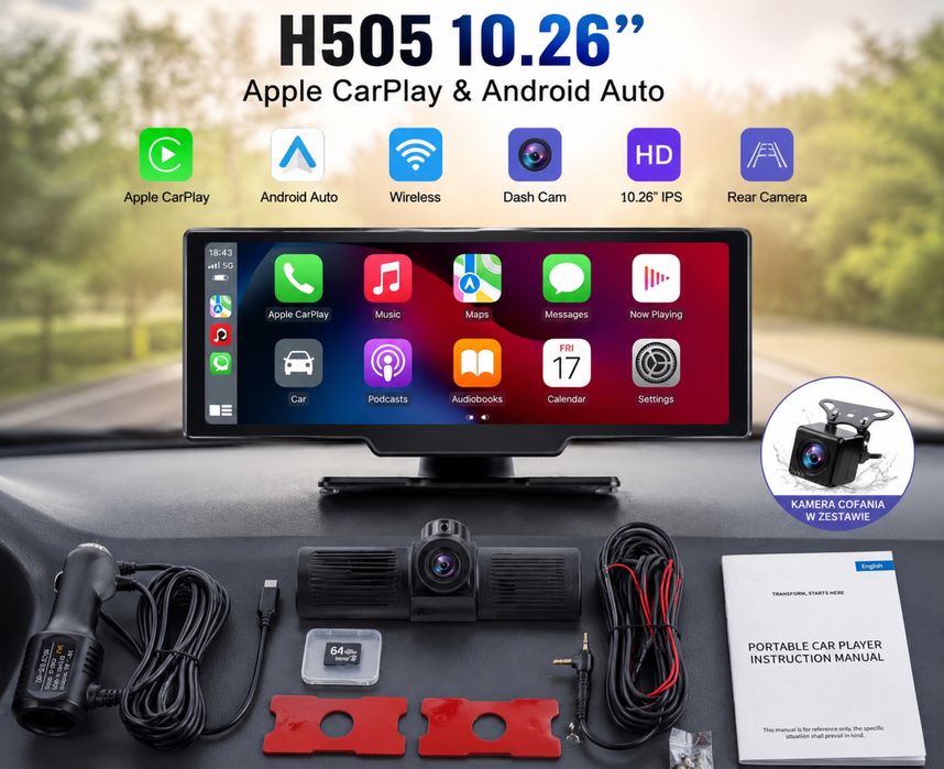 Nowy H505 10.26” Apple CarPlay Android Auto Bezprzewodowy Kamera 64GB