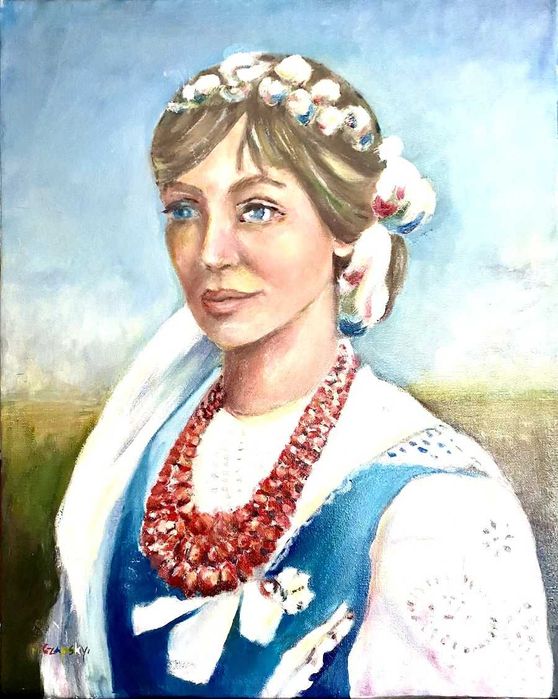 "Dziewczyna w koralach". Obraz na płótnie.