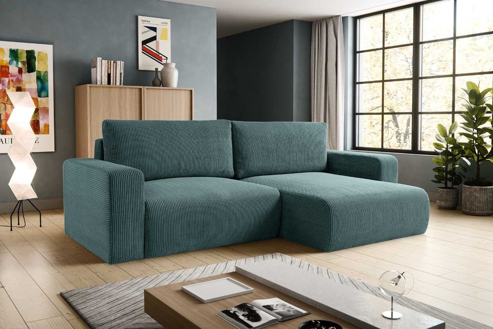 Stylowy narożnik GUSTO sztruks POSO – spanie + pojemnik na pościel