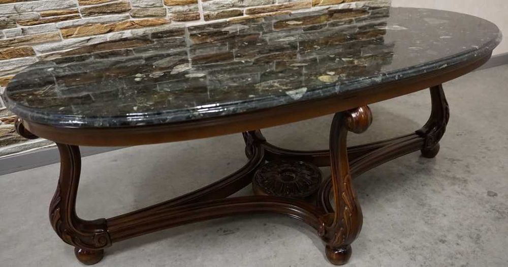Mała Stylowa Ława Owalna Orzechowa Malachitowy Blat 119x62  (L-208)