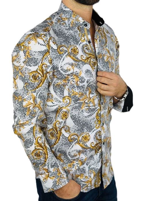 DANIEL BESSI Koszula męska fb114 biała, złota, glamour, kwiaty