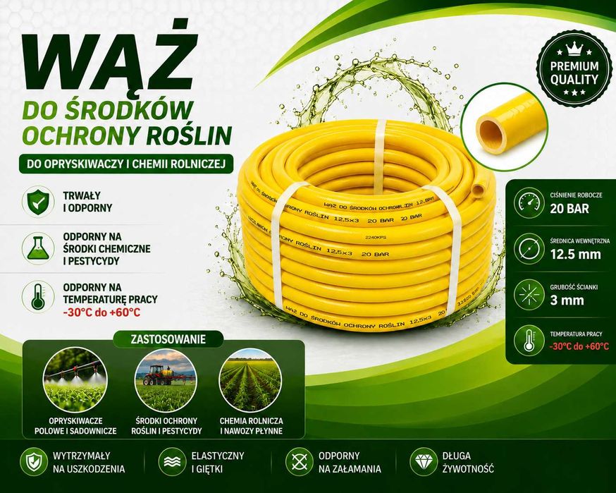 Wąż do środków ochrony roślin do opryskiwaczy 12,5 mm żółty 20BAR 50m