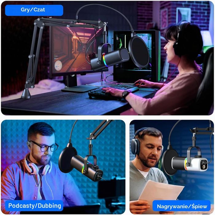 Mikrofon Aokeo AK-10 USB Dynamiczny RGB Z Ramieniem Do PC PS5