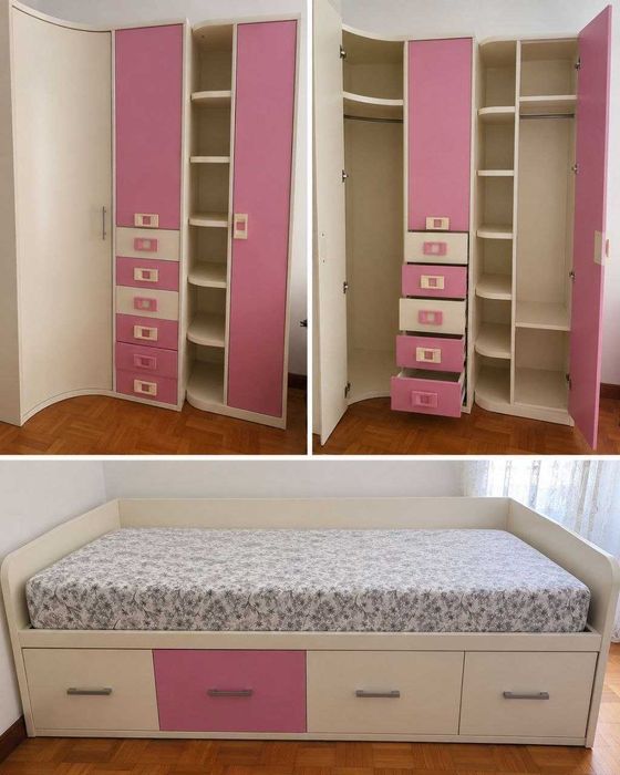 Quarto Juvenil Completo Rosa e Branco. Roupeiro de canto+Cama com gavetas.