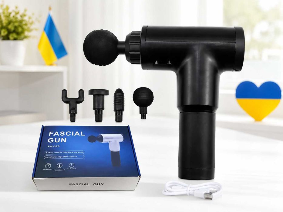 Перкусійний масажер пістолет Fascial Gun: ударний ручний акумуляторний масажер для тіла, спини та м'язів, 4 насадки массажер перкуссионный