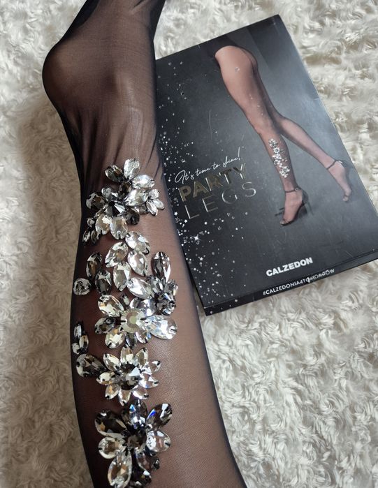 Rajstopy Calzedonia S tiulowe kryształki czarne party legs