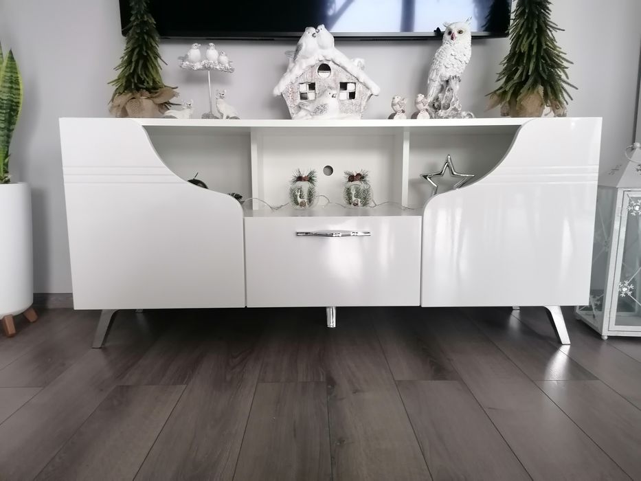 Komplet szafka RTV witryna komoda wysoka biały połysk