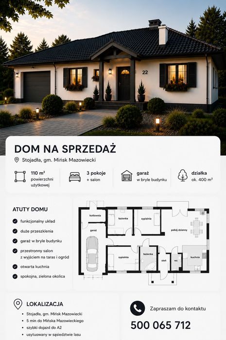 Dom parterowy 110 m² | Garaż | Ogród | Stojadła | 5 min od Mińska Mazowieckiego