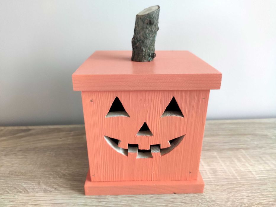 Lampion Halloween Jack-o-lantern drewniany dekoracja jesienna mała