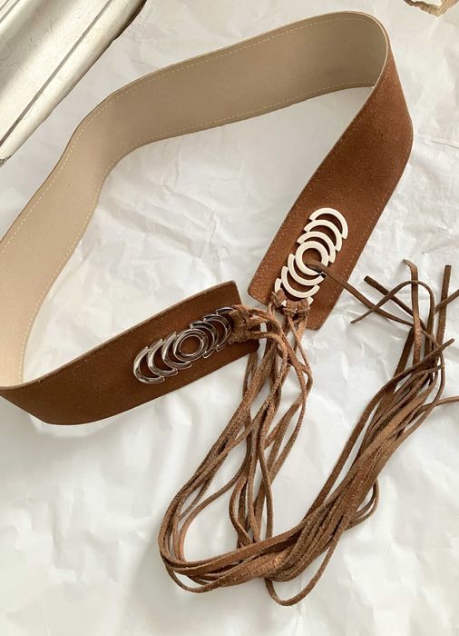 Skórzany pasek brązowy zamsz wiązany ozdobny 85 cm boho