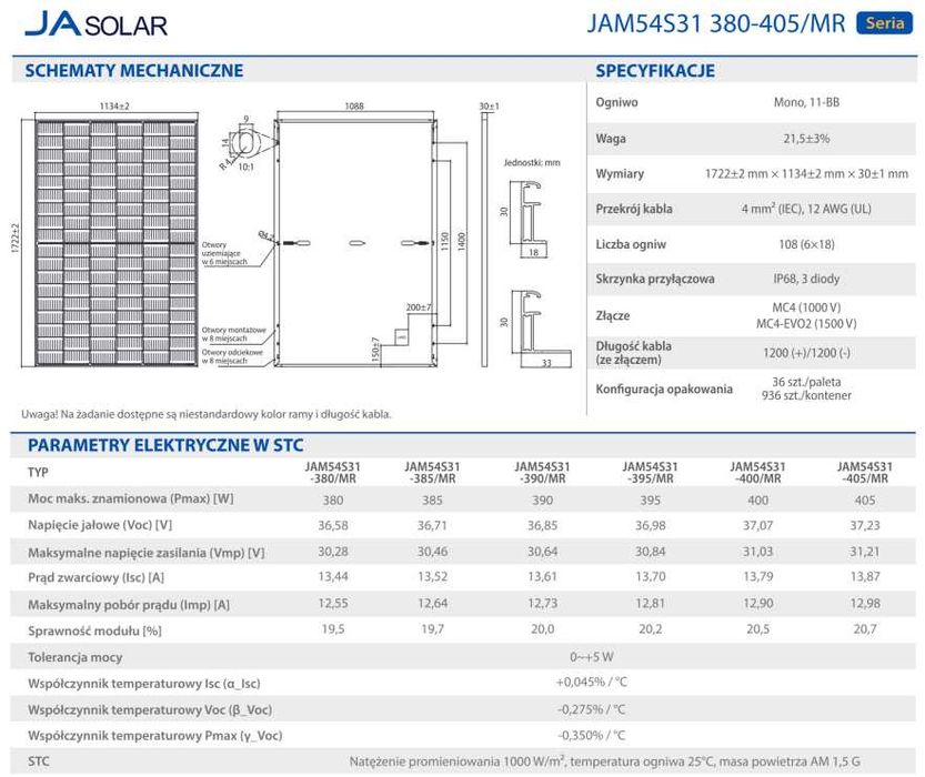 Panel Fotowoltaiczny JA SOLAR JAM54S31 405W (Full-Black)