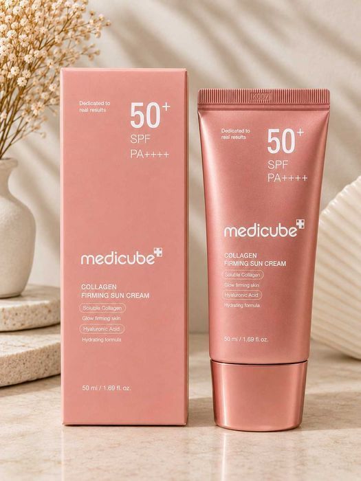 Сонцезахисний крем Medicube Collagen Firming Sun Cream SPF50+ PA+++50 мл / колаген / гіалуронова кислота / зволоження / пружність / сяйво / оригінал