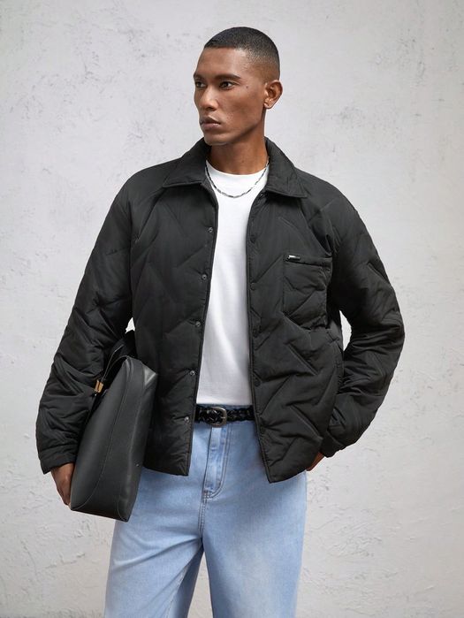 Kurtka Męska Pikowana Przejściowa Czarna Casual Shein S