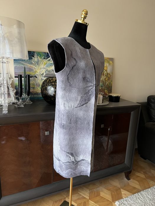 Fioletowa, szara, wełniana, długa kamizelka, wełna, filc