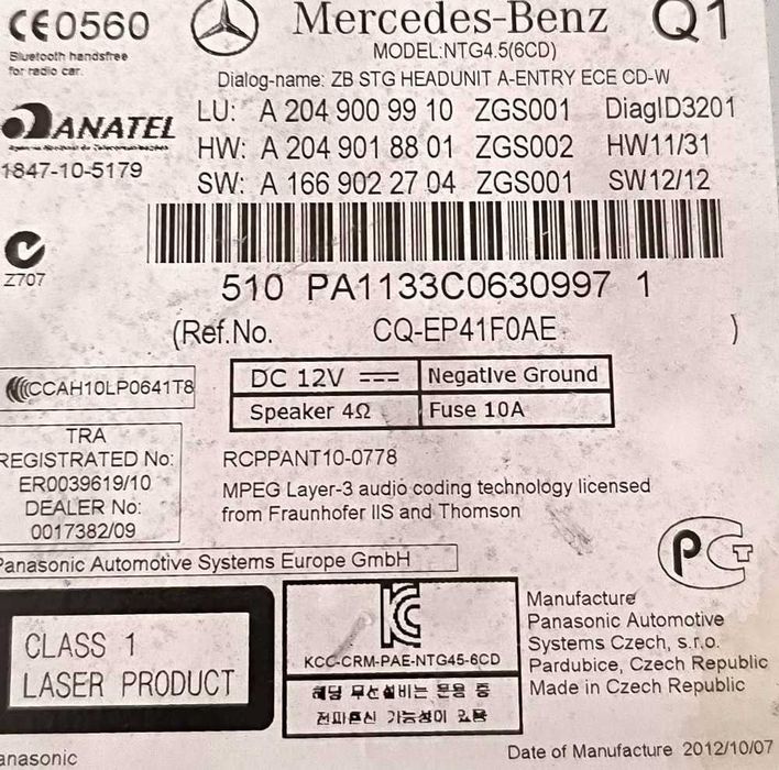 Rádio / Auto Rádio A2049009910 - MERCEDES-BENZ C-CLASS