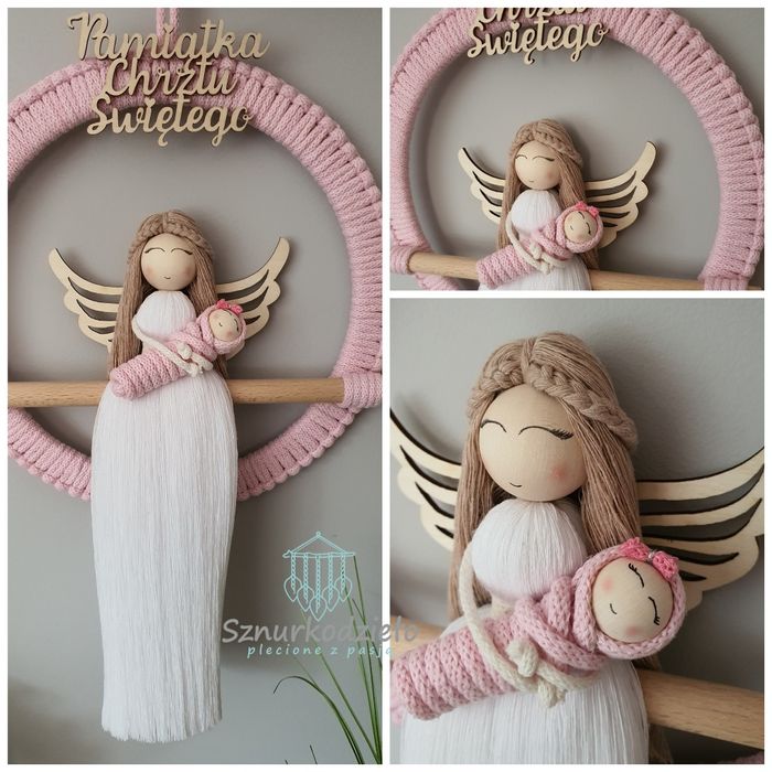 Anioł Stróż z dzieciątkiem pamiątka chrztu chrzest makrama