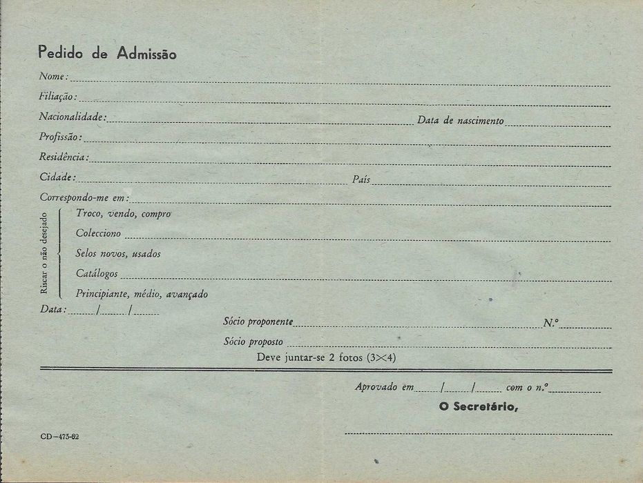 Clube Filatélico de Portugal - Proposta para sócio antiga - selos