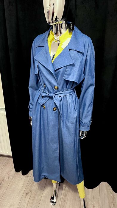 Płaszcz jeansowy damski, produkcja włoska, ciemnoniebieski trench coat