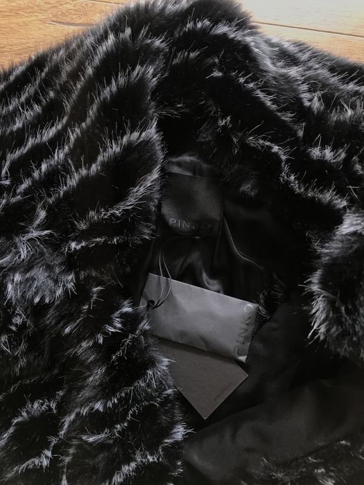 PINKO nowa czarna kurtka jesionka wełniana sztuczne futro S