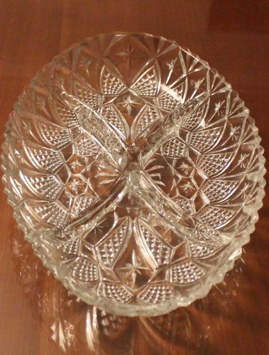 Travessa de aperitivos de cristal vintage, anos 80,com 4 divisórias,