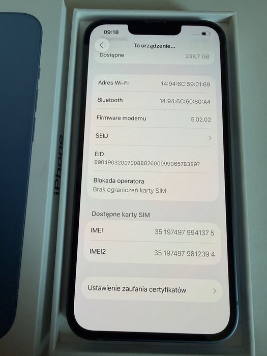 iPhone 13 256gb Blue Jak Nowy Bateria 96% od nowości