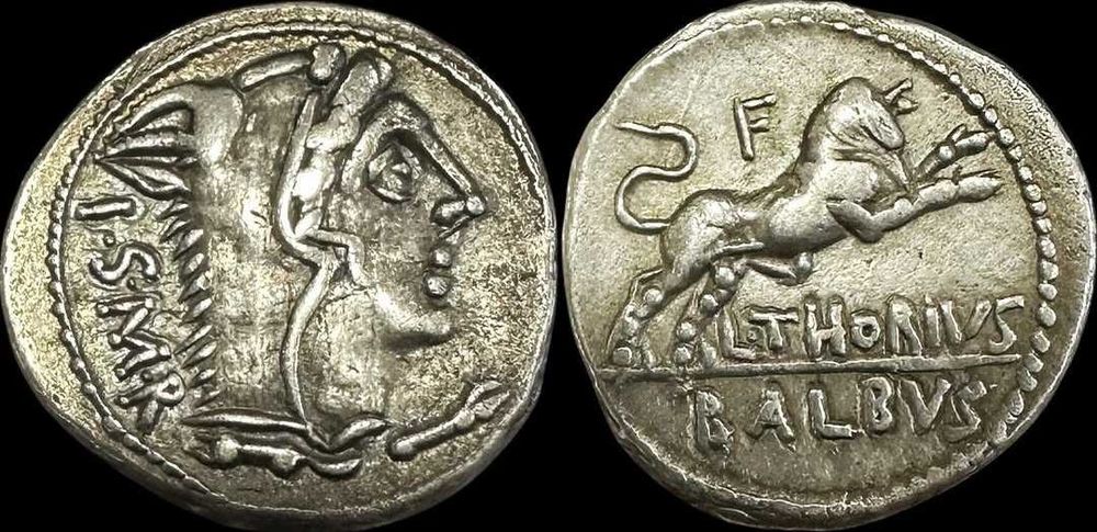 Moeda Romana. L. Thorius Balbus. 105 AC. , EXNAC. Prata