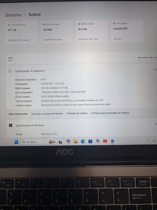 Computador portátil AOC  AX15  Intel n 97 , 15,6" , 16 GB RAM/512 GB S