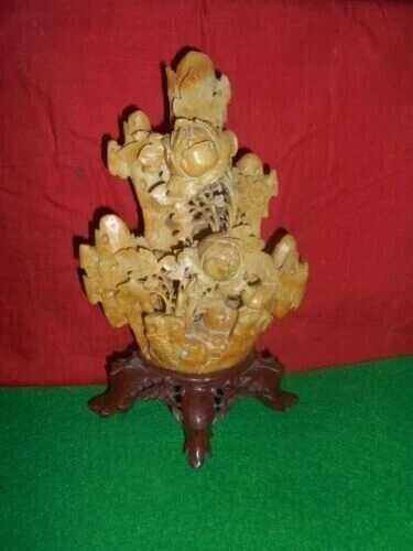 Antigo vaso chinês esculpido em pedra-sabão pássaro/flores.