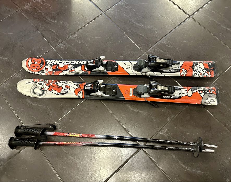 Komplet Narty Rossignol 93 cm, buty tecnica 18,5 cm, kijki 78 cm