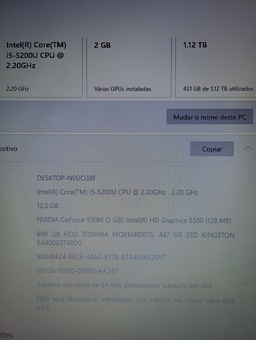 PC Portátil Toshiba Satellite I5 com duas placas gráficas (GeForce)