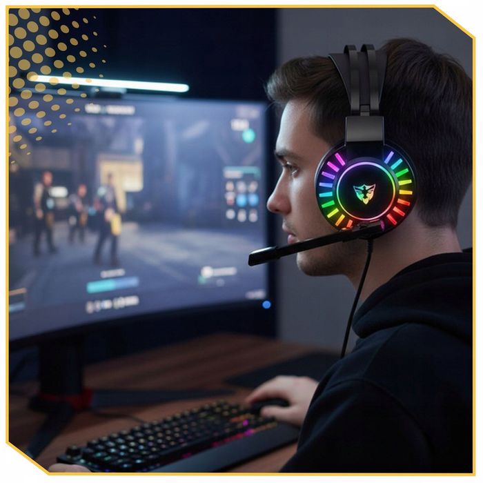 Słuchawki Gamingowe Dla Graczy Przewodowe Z Mikrofonem Rgb Pc Nauszne