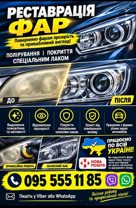 Реставрація фар, задніх ліхтарів авто, покриття лаком, працюємо по всій Україні