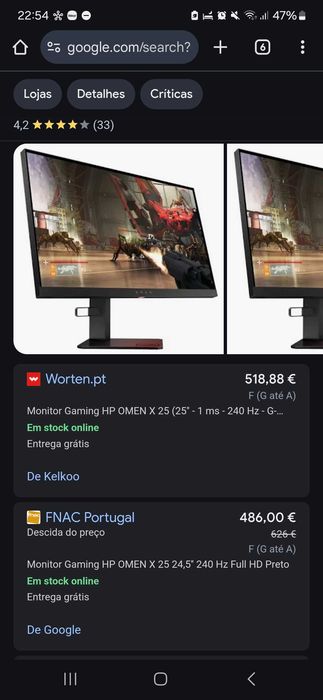 Monitor gaming  omen 25 250hz