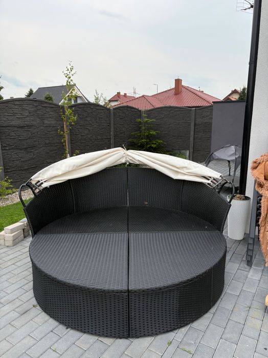Leżanka ogrodowa modułowa rattanowa z baldachimem