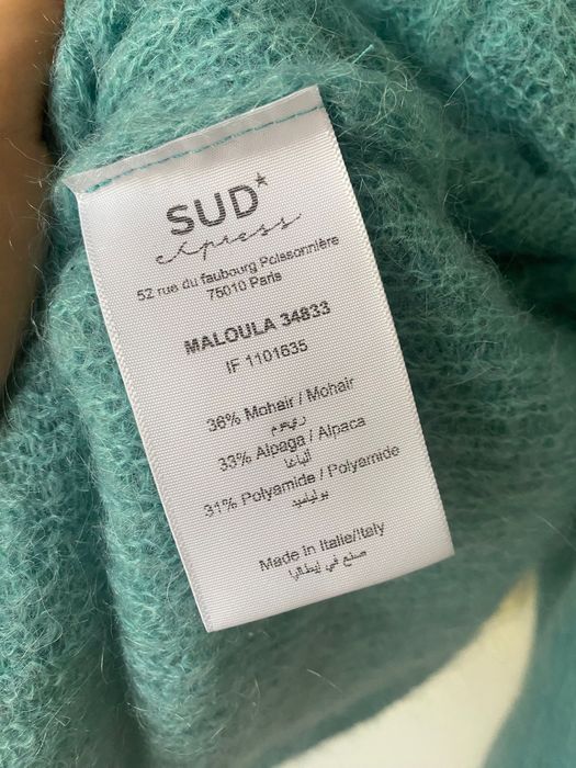 miętowy niebieski puchaty sweter z dekoltem S 36 Alpaka Moher