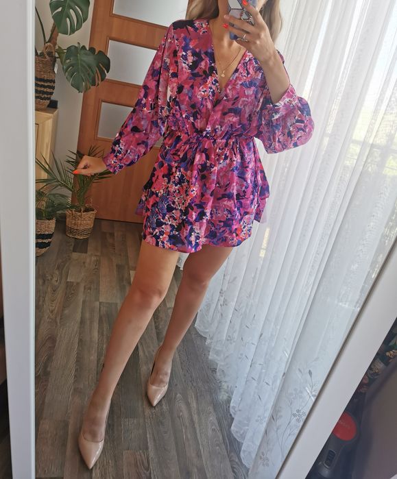 Krótka zwiewna wielokolorowa sukienka bufiaste rękawy kwiaty S flower