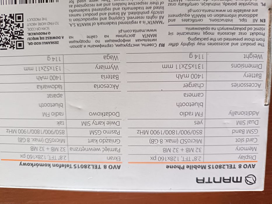 Telefon komórkowy Manta proszę czytać opis