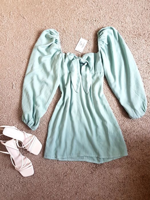 Sukienka in the style miętowa turkus bufki dekolt mini M 38 L 40