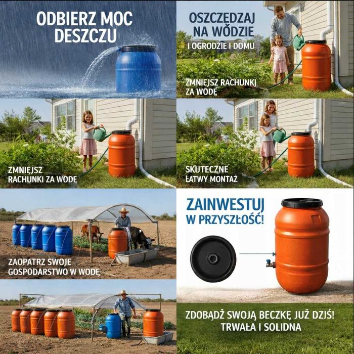 Zbiornik na wodę - Beczka na wodę plastikowa 220L- Tworzywo HDPE idealne do rolnictwa Możliwa dostawa pod dom za 60zł szt
